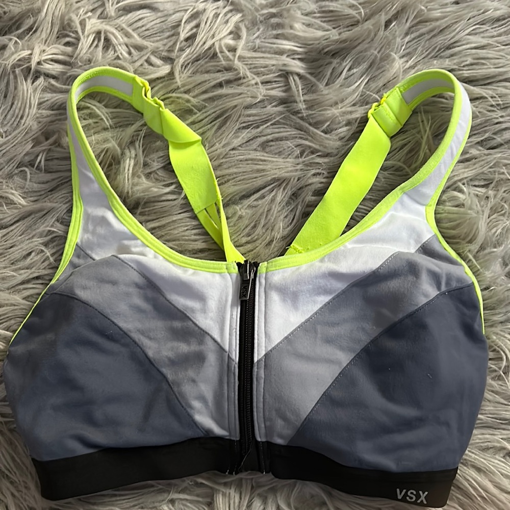 Victoria’s Secret VSX Sport Bra 32C Front Closure Full Support Gray and Green